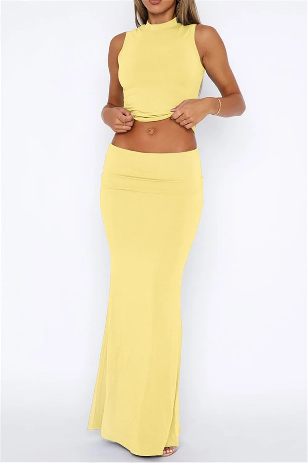 2 Piece Skirt Sets for Women Summer Sleeveless Tank Crop Top Fold Over Bodycon Maxi Long Skirts Y2K Vacation Outfits