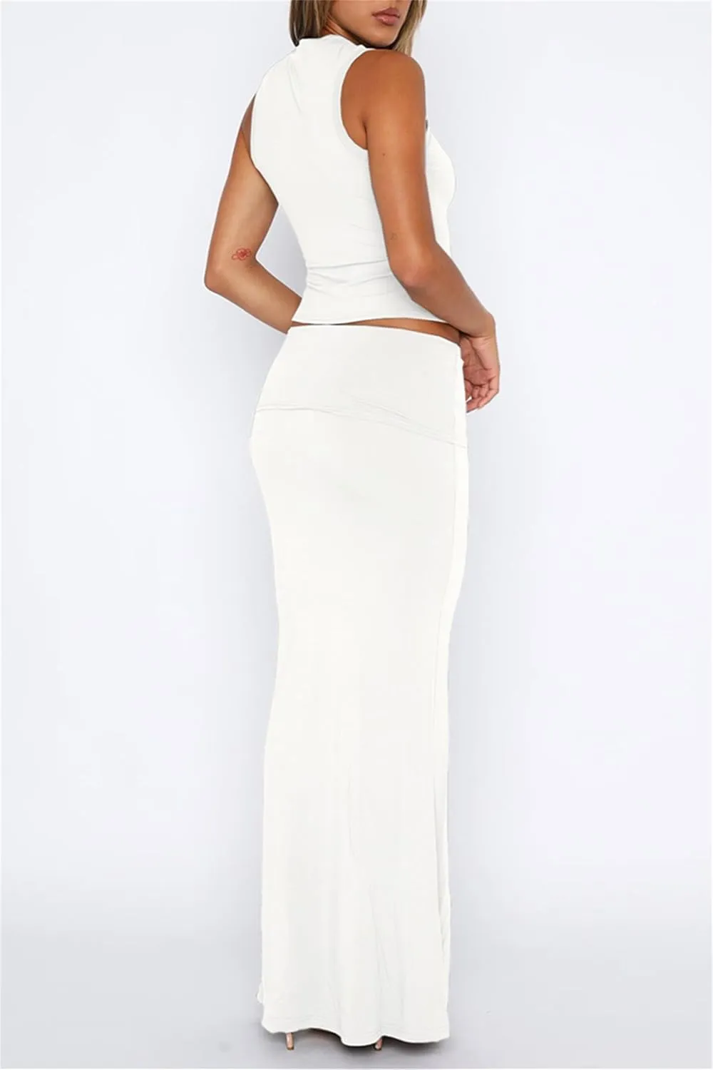 2 Piece Skirt Sets for Women Summer Sleeveless Tank Crop Top Fold Over Bodycon Maxi Long Skirts Y2K Vacation Outfits