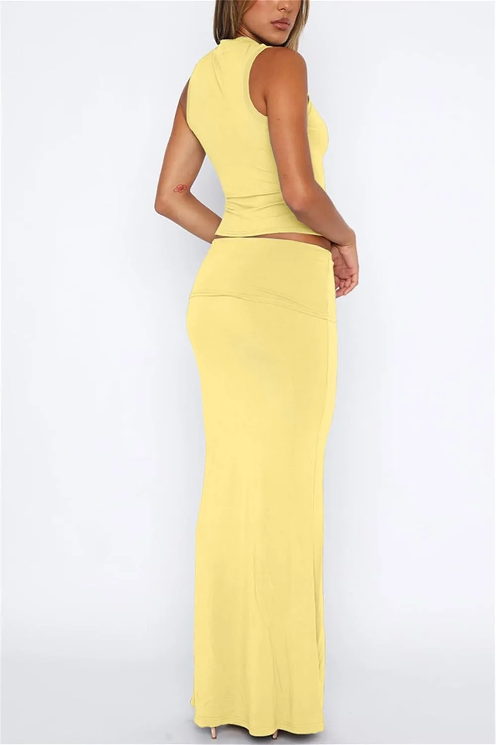 2 Piece Skirt Sets for Women Summer Sleeveless Tank Crop Top Fold Over Bodycon Maxi Long Skirts Y2K Vacation Outfits