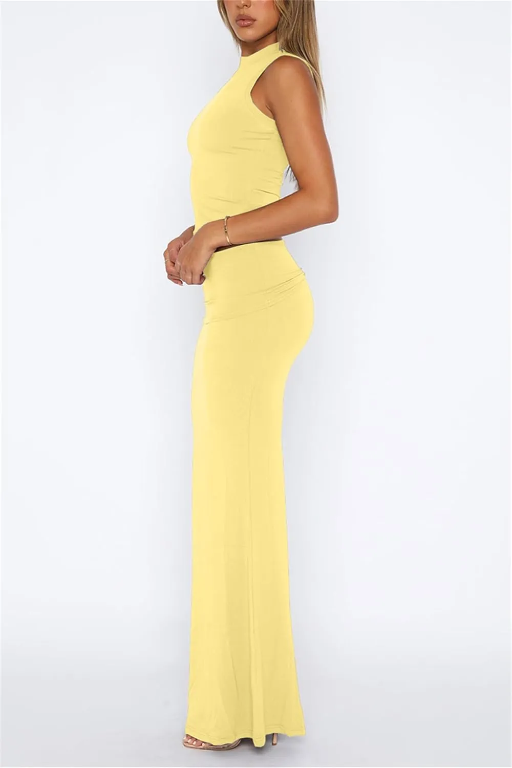 2 Piece Skirt Sets for Women Summer Sleeveless Tank Crop Top Fold Over Bodycon Maxi Long Skirts Y2K Vacation Outfits