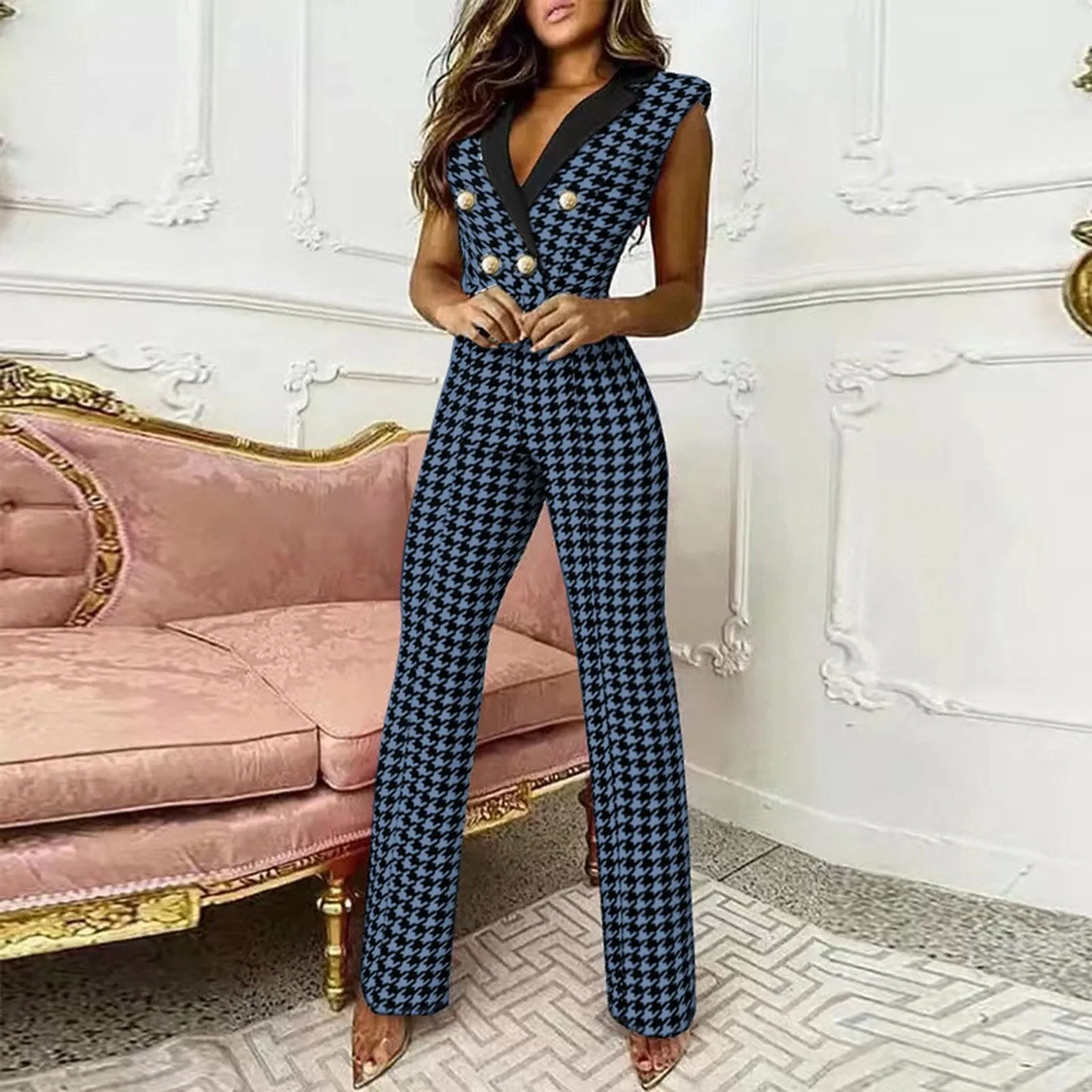 2022 Women Jumpsuit New Button V-Neck Sleeveless Professional Wear Women Slim Office Ladies Casual Wear Female Jumpsuit