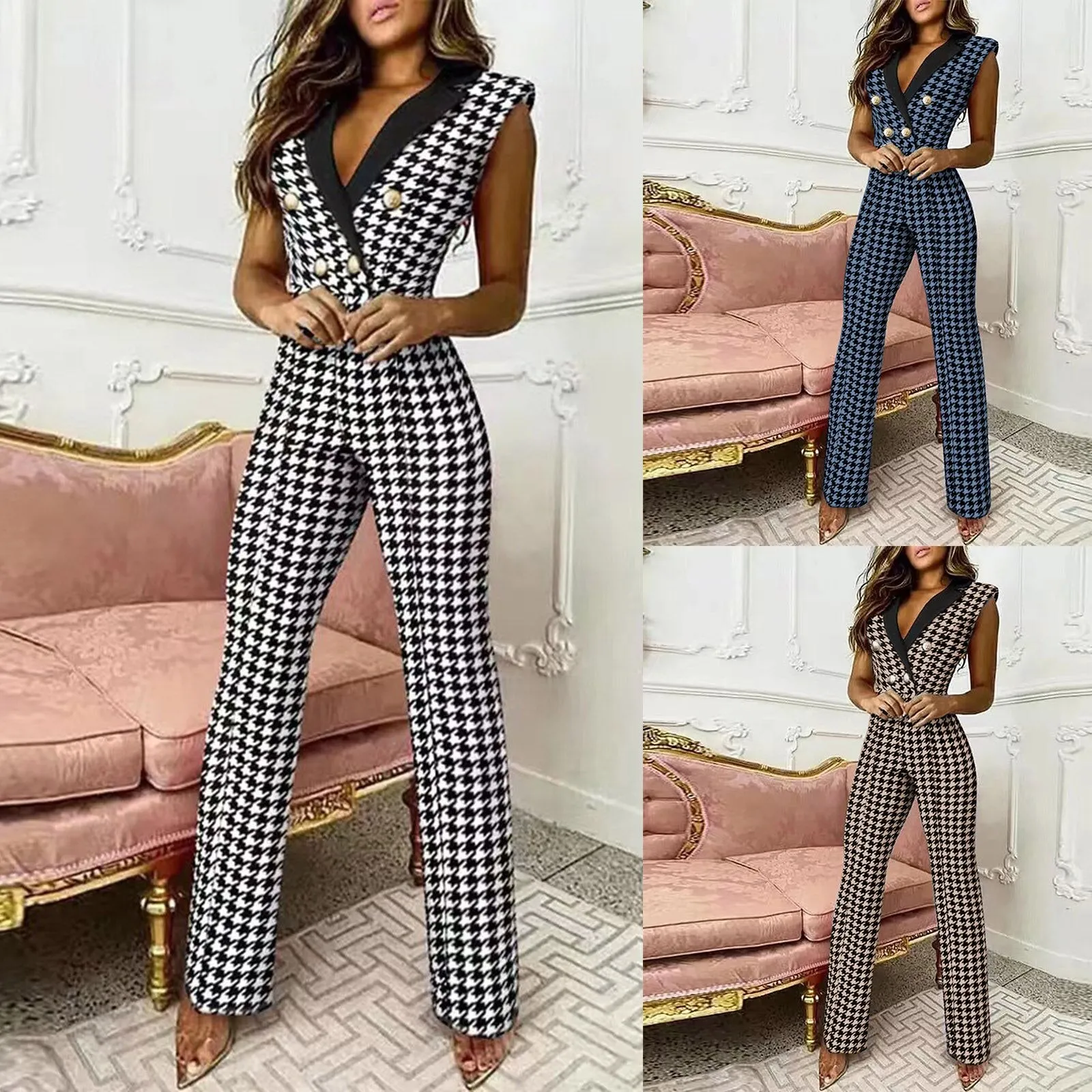 2022 Women Jumpsuit New Button V-Neck Sleeveless Professional Wear Women Slim Office Ladies Casual Wear Female Jumpsuit