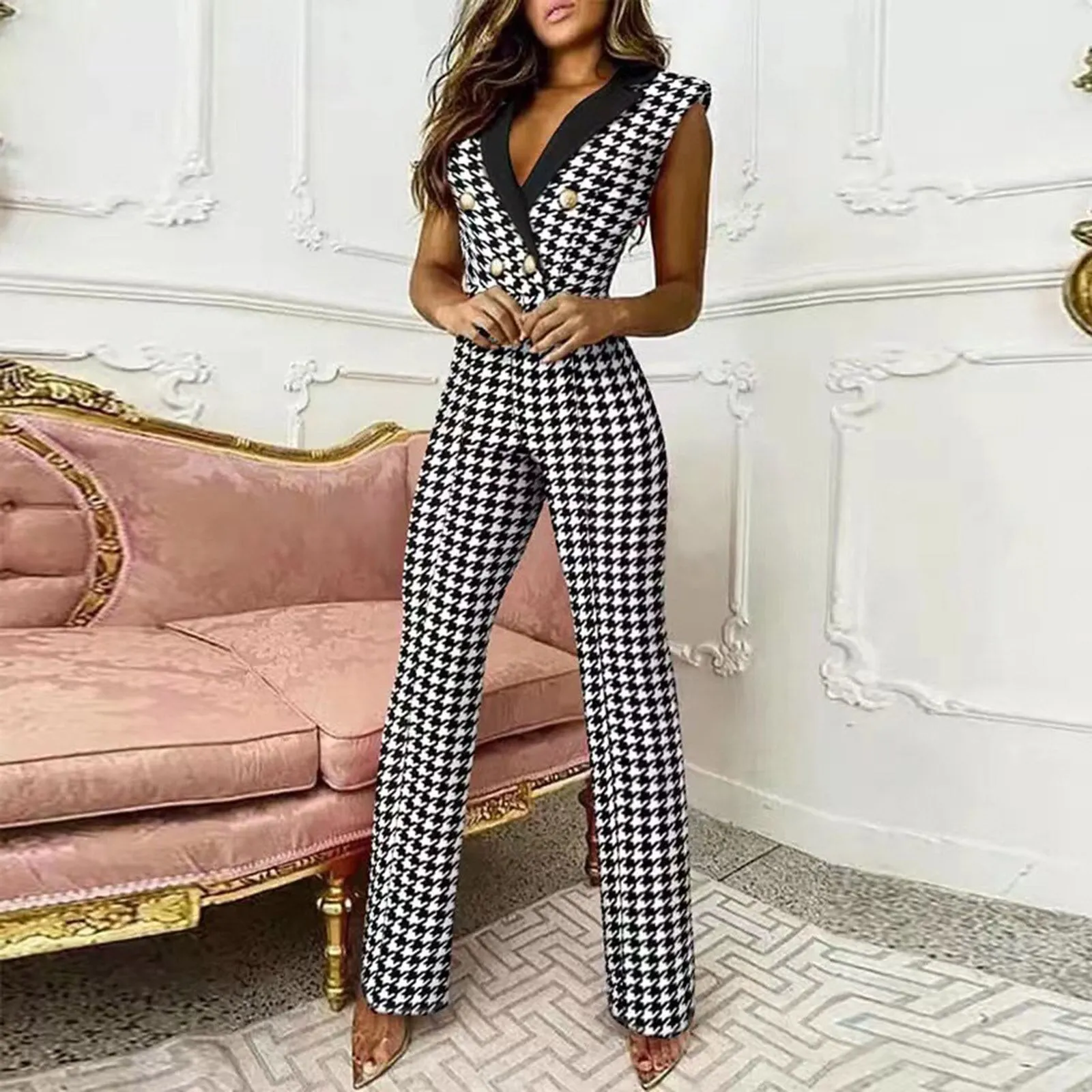 2022 Women Jumpsuit New Button V-Neck Sleeveless Professional Wear Women Slim Office Ladies Casual Wear Female Jumpsuit