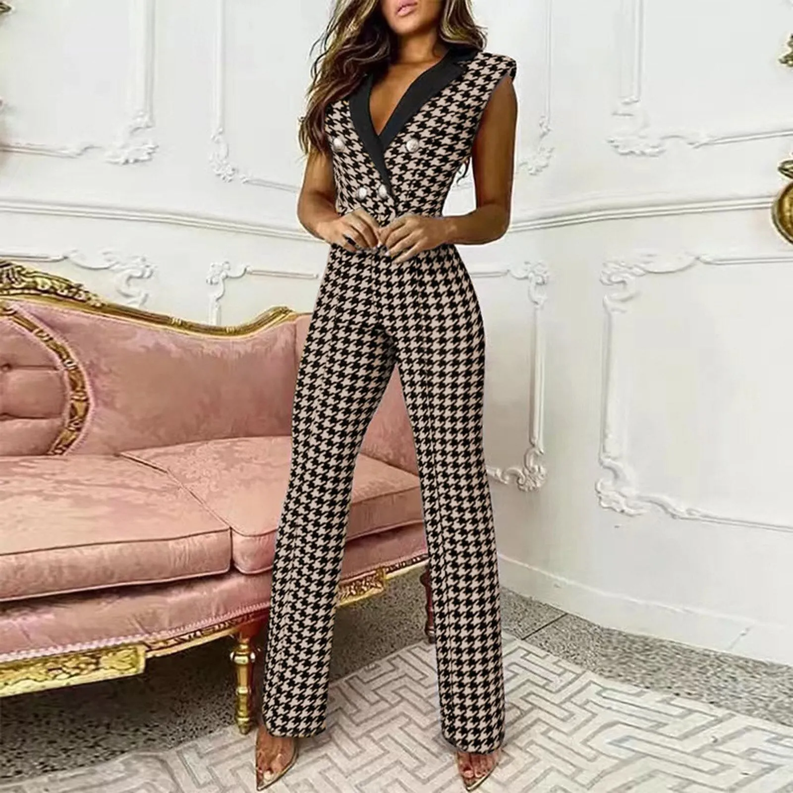 2022 Women Jumpsuit New Button V-Neck Sleeveless Professional Wear Women Slim Office Ladies Casual Wear Female Jumpsuit