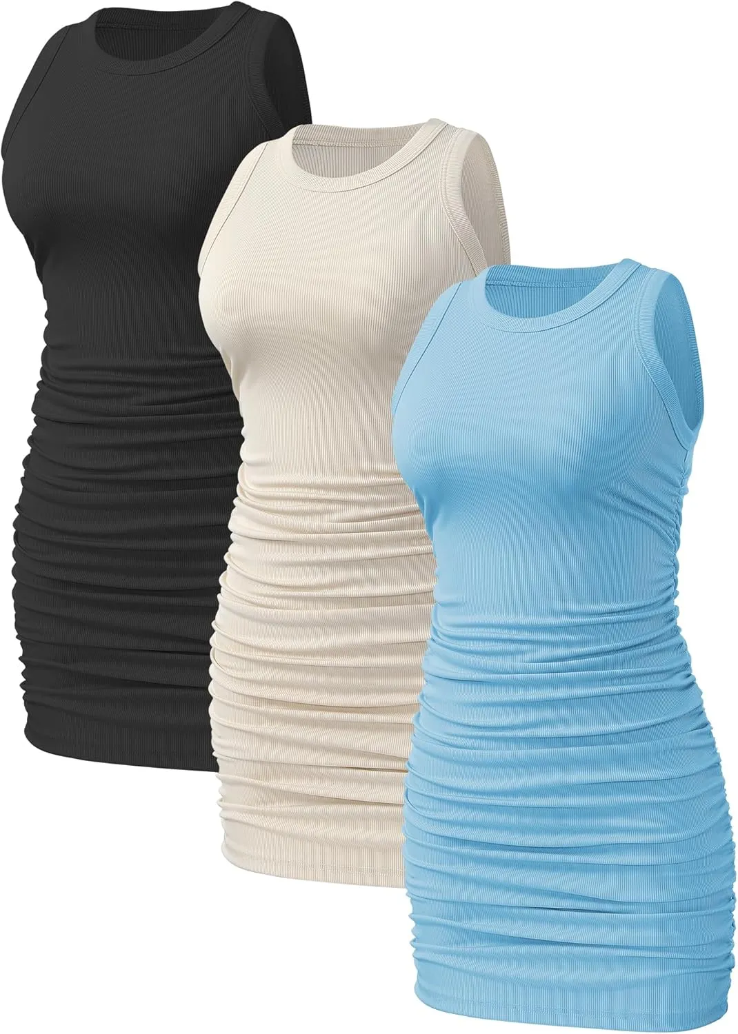 3 Pack Womens Sleeveless Summer Dress Crew Neck Slim Fit Ribbed Stretch Ruched Bodycon Casual Mini Dresses