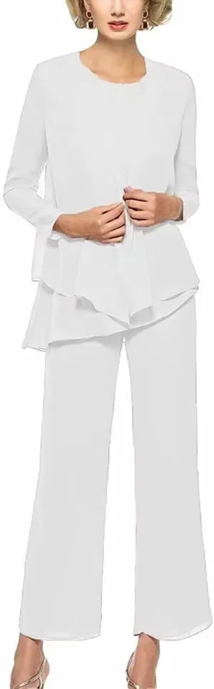 3 Pieces Pant Suits for Women Dressy Elegant Long Sleeve Chiffon Formal Jumpsuit for Women with Jacket