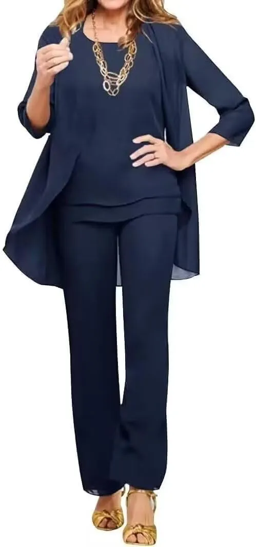 3 Pieces Pant Suits for Women Dressy Wedding Chiffon Mother of The Bride Pantsuits 3/4 Sleeves Formal Outfit Sets