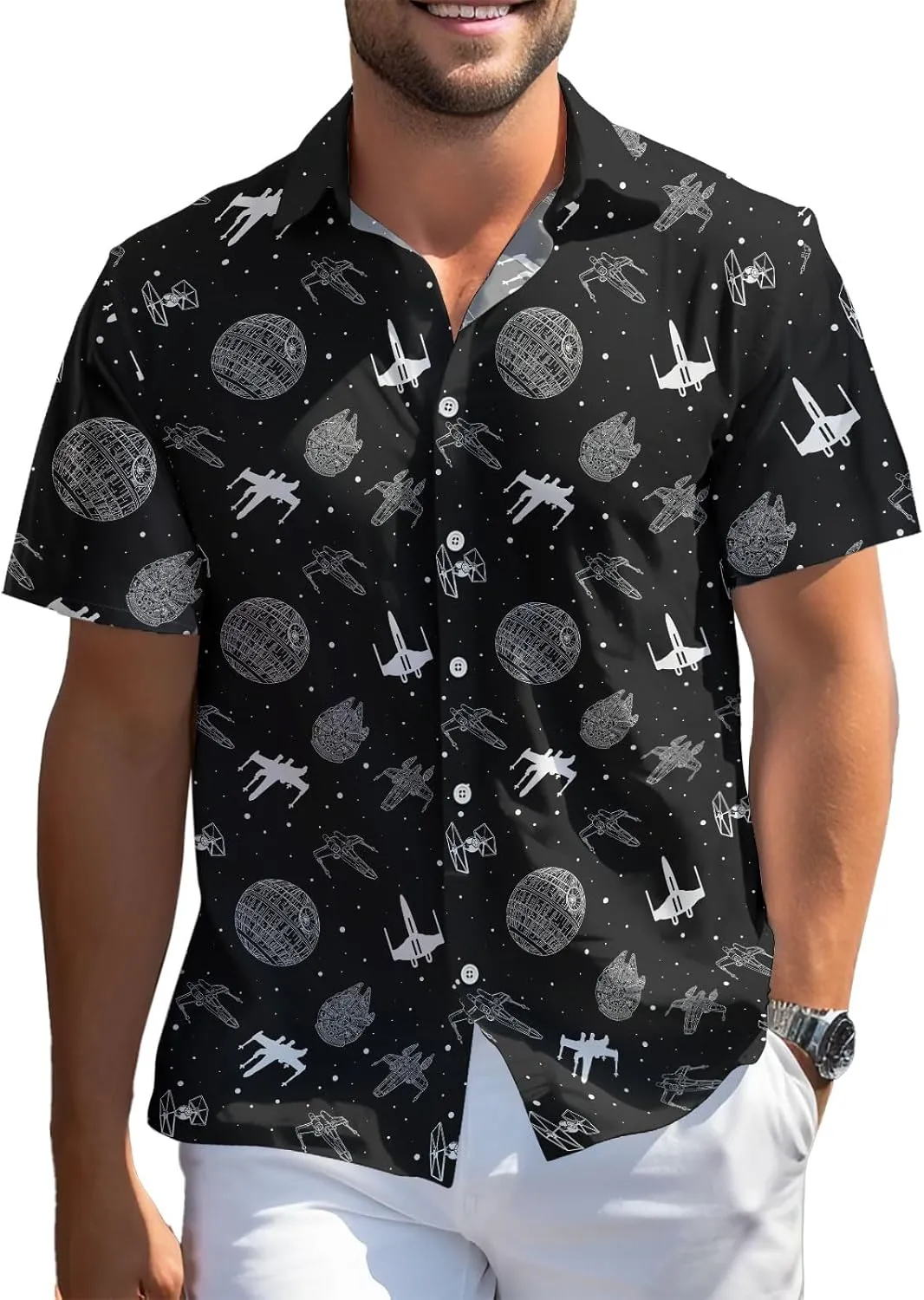 99TIMORO Wars Movie Hawaiian Shirt, Space Button Short Sleeve Top, Warship Themed