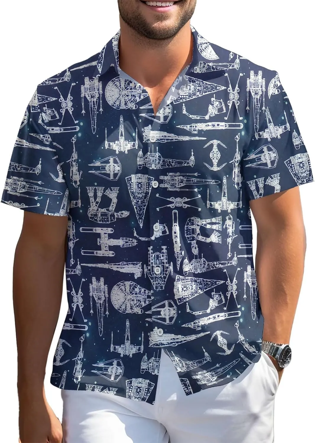99TIMORO Wars Movie Hawaiian Shirt, Space Button Short Sleeve Top, Warship Themed