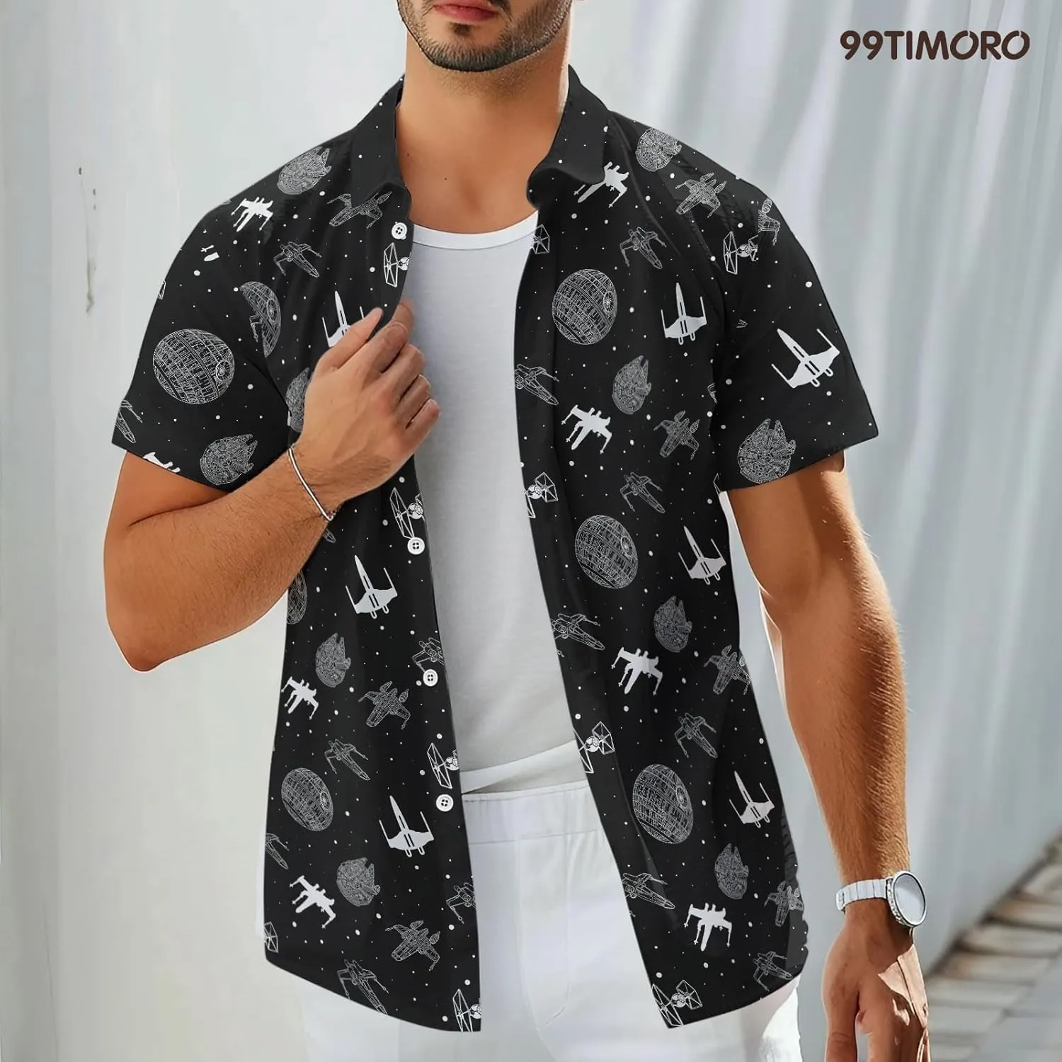 99TIMORO Wars Movie Hawaiian Shirt, Space Button Short Sleeve Top, Warship Themed