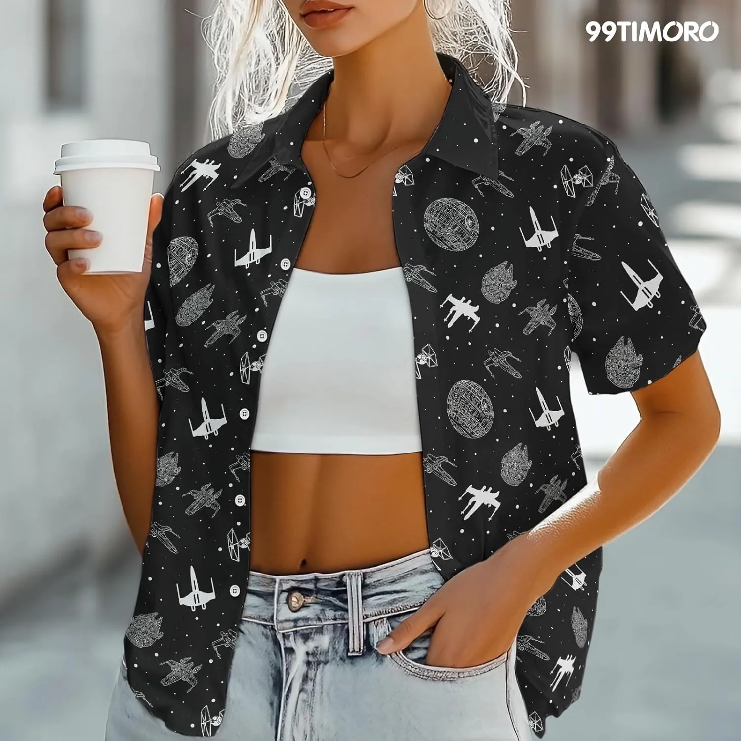 99TIMORO Wars Movie Hawaiian Shirt, Space Button Short Sleeve Top, Warship Themed
