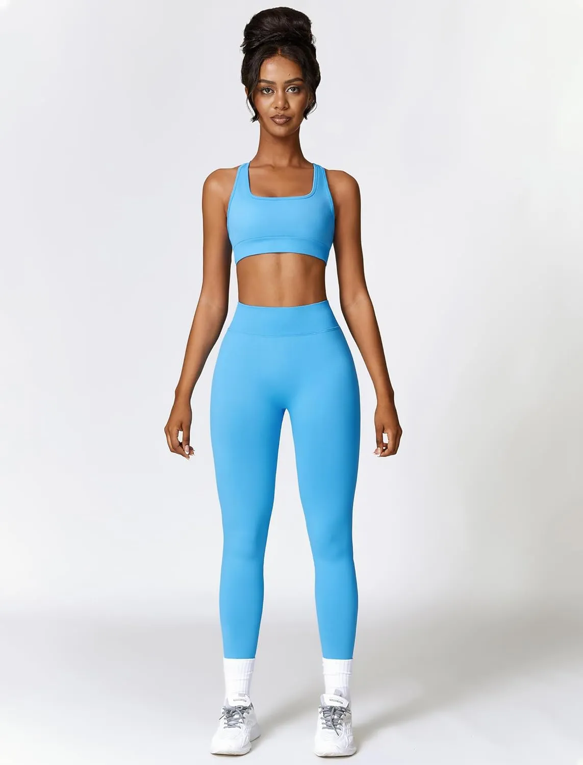 ABOCIW Womens Seamless Workout Sets Cross Back Sports Bra V Back Scrunch Butt High Waist Biker Shorts 2 Piece Gym Sets