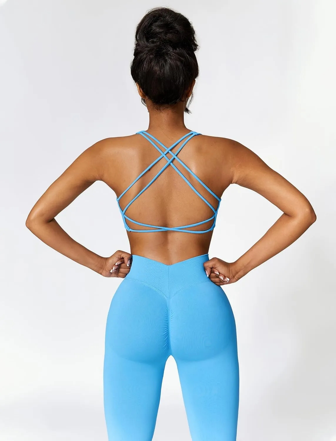 ABOCIW Womens Seamless Workout Sets Cross Back Sports Bra V Back Scrunch Butt High Waist Biker Shorts 2 Piece Gym Sets