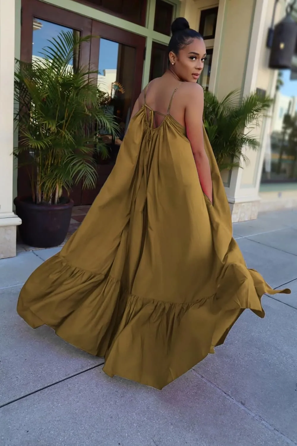 Adogirl Women's Sexy Spaghetti Strap Sleeveless Ruched Ruffle Hem Bandage Oversized Beach Loose Long Maxi Swing Dress