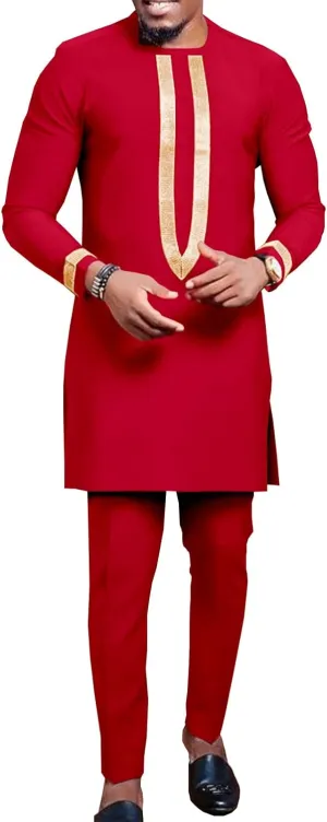 African Clothing for Men Full Sleeve Embroidery Shirts and Pants 2 Pieces Outfits Plus Size African Suit