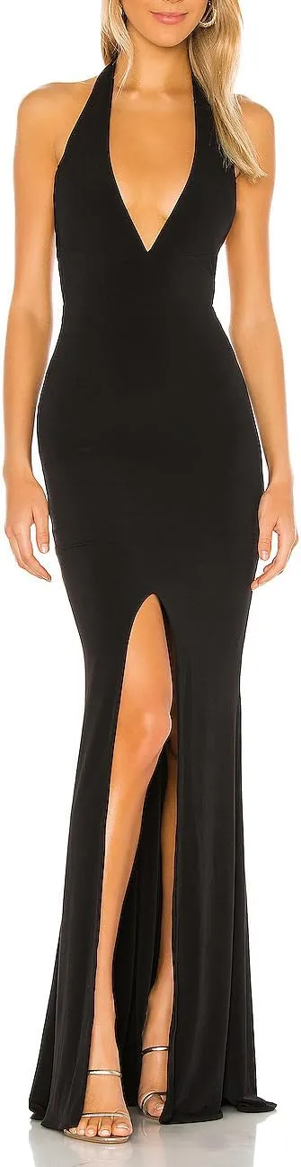 Aigeman Women's Sleeveless Sexy V-Neck Maxi Dress Halter Evening Gown Open Back High Split Bodycon Formal Dress 408