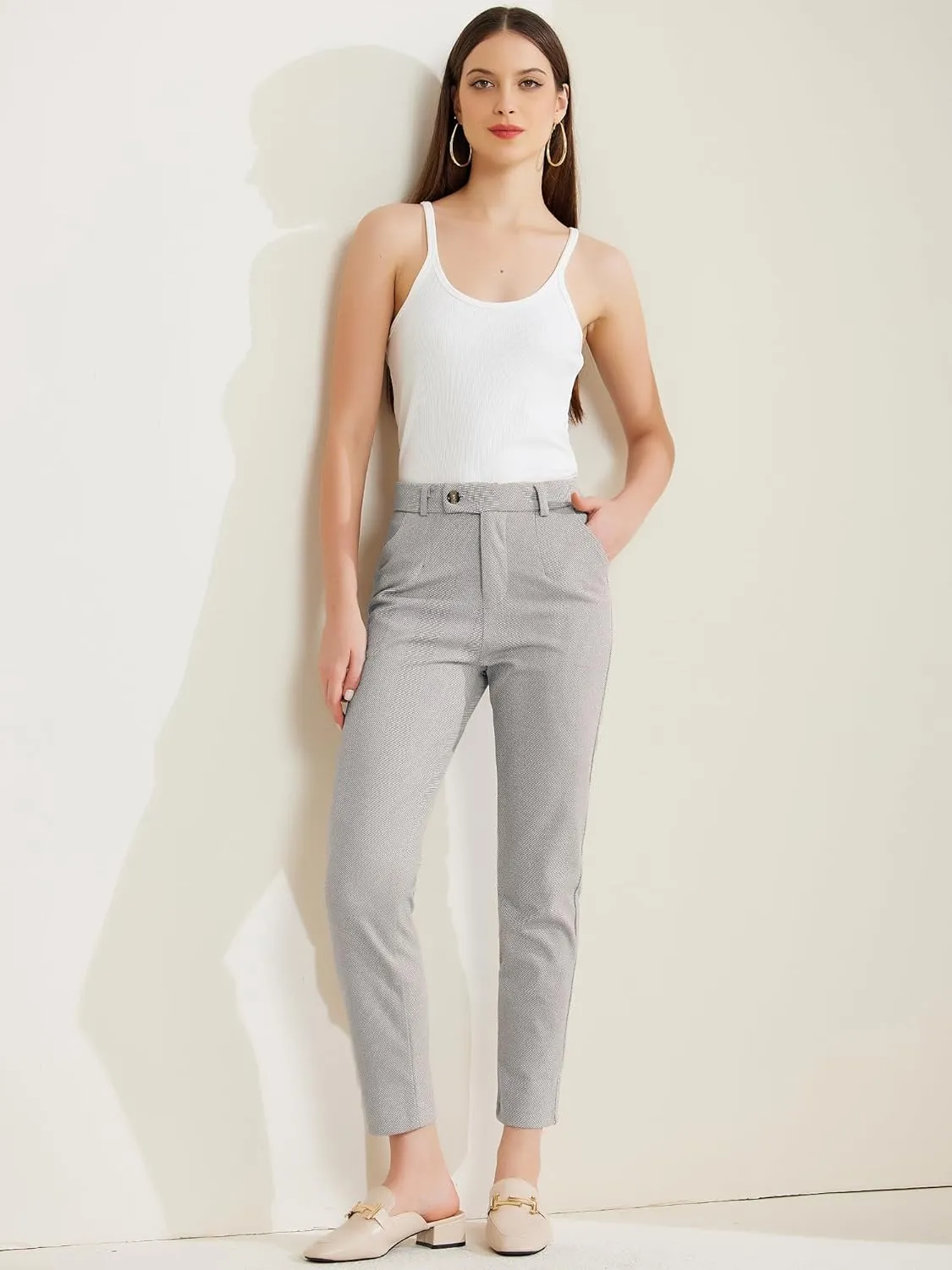 Allegra K Straight Pants for Women Baggy Casual Button Down High Waist Cropped Pants with Pockets