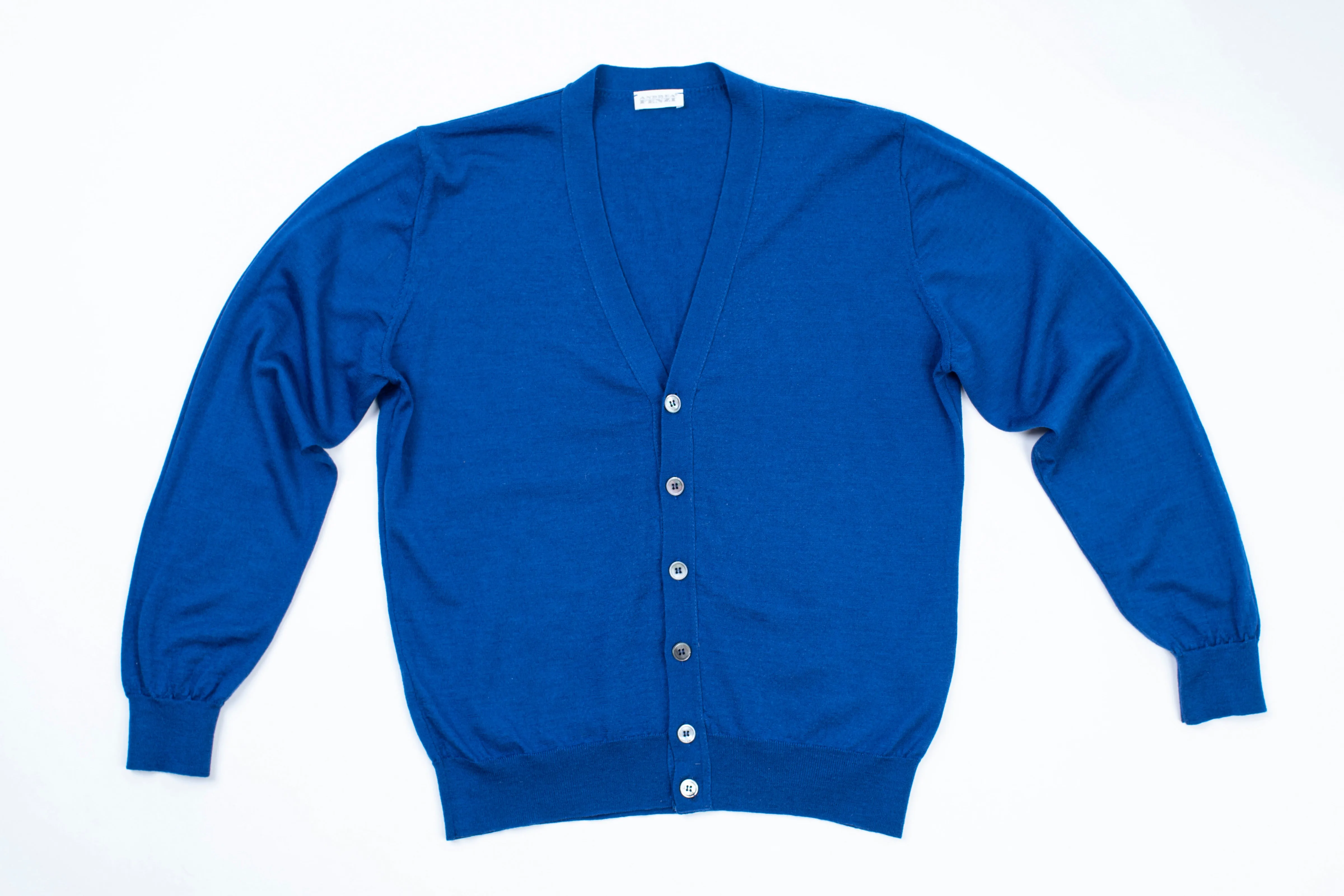 Andrea Fenzi Merino Wool & Silk Thin Knit Blue Cardigan, SIZE M