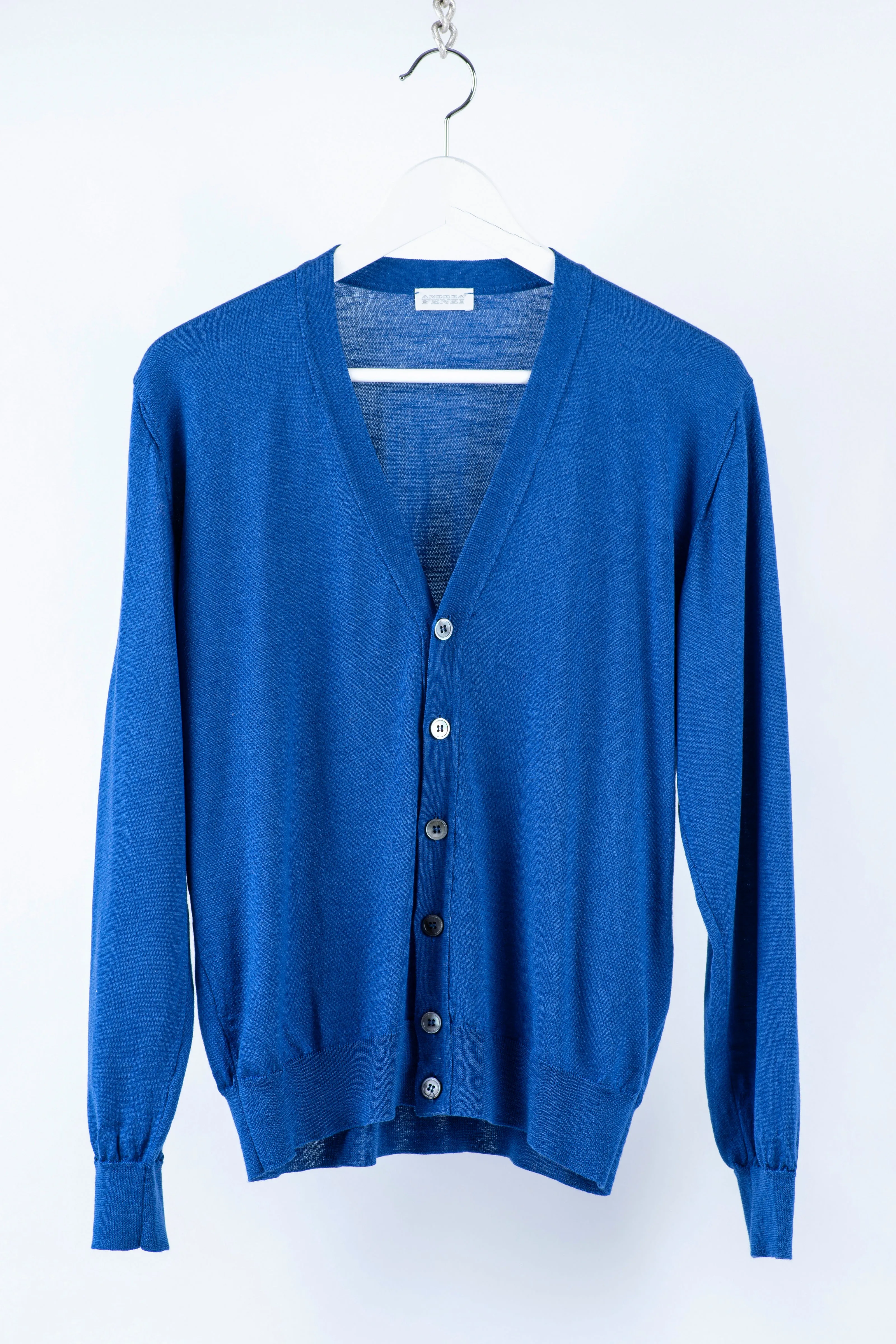 Andrea Fenzi Merino Wool & Silk Thin Knit Blue Cardigan, SIZE M