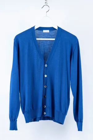Andrea Fenzi Merino Wool & Silk Thin Knit Blue Cardigan, SIZE M