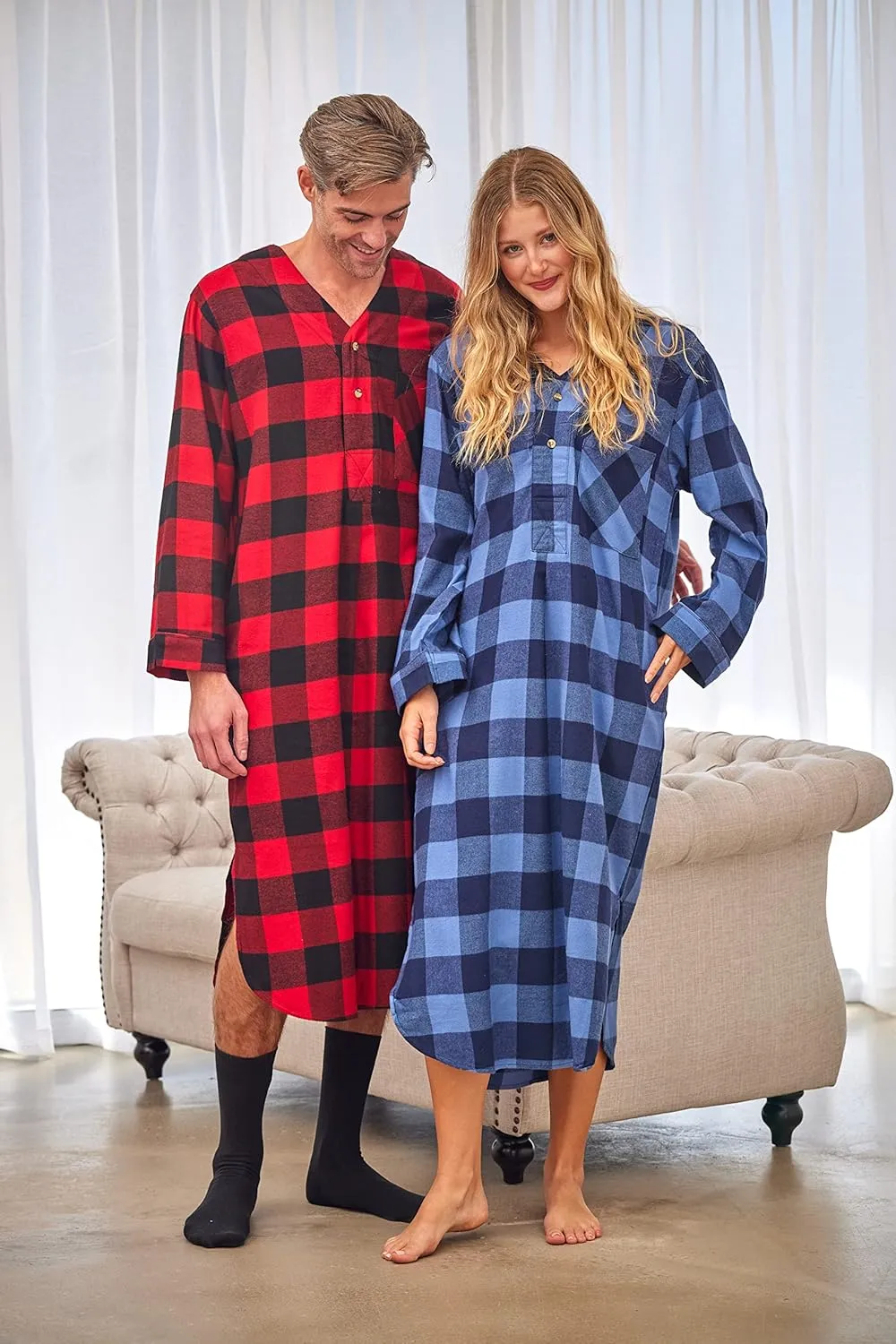 Andrew Scott Men's 2 Pack Lightweight Cotton Flannel Sleep Shirt, Long Henley Nightshirt Pajamas