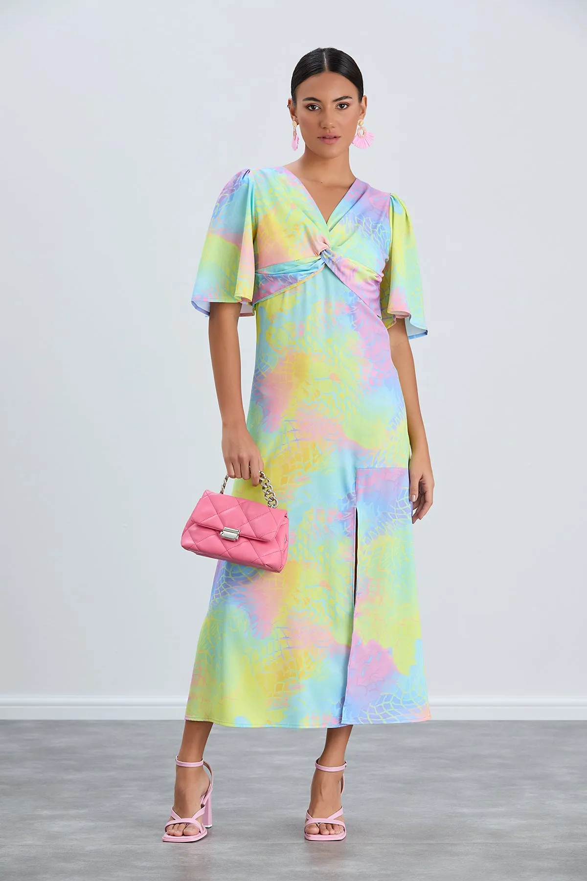 Angel Sleeve Midi Dress in Sparkly Pink