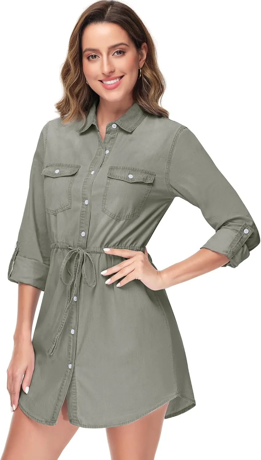 Anna-Kaci Women's Jean Shirt Dress Long Sleeves Waist Ties Casual Short Chambray Denim