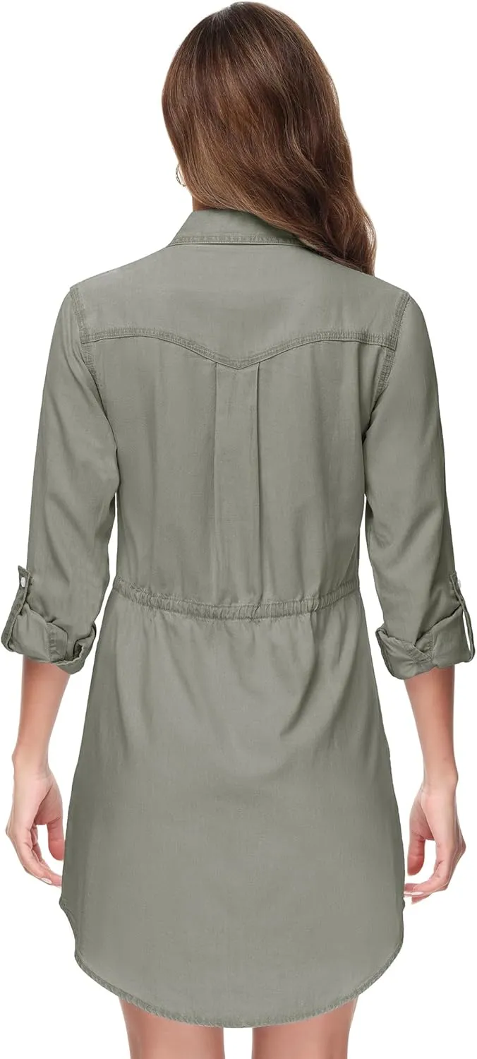 Anna-Kaci Women's Jean Shirt Dress Long Sleeves Waist Ties Casual Short Chambray Denim
