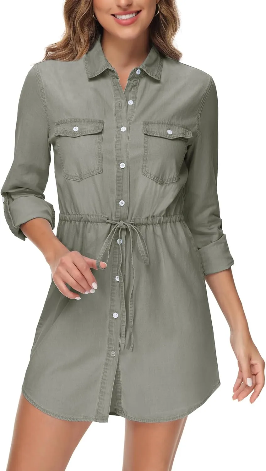Anna-Kaci Women's Jean Shirt Dress Long Sleeves Waist Ties Casual Short Chambray Denim