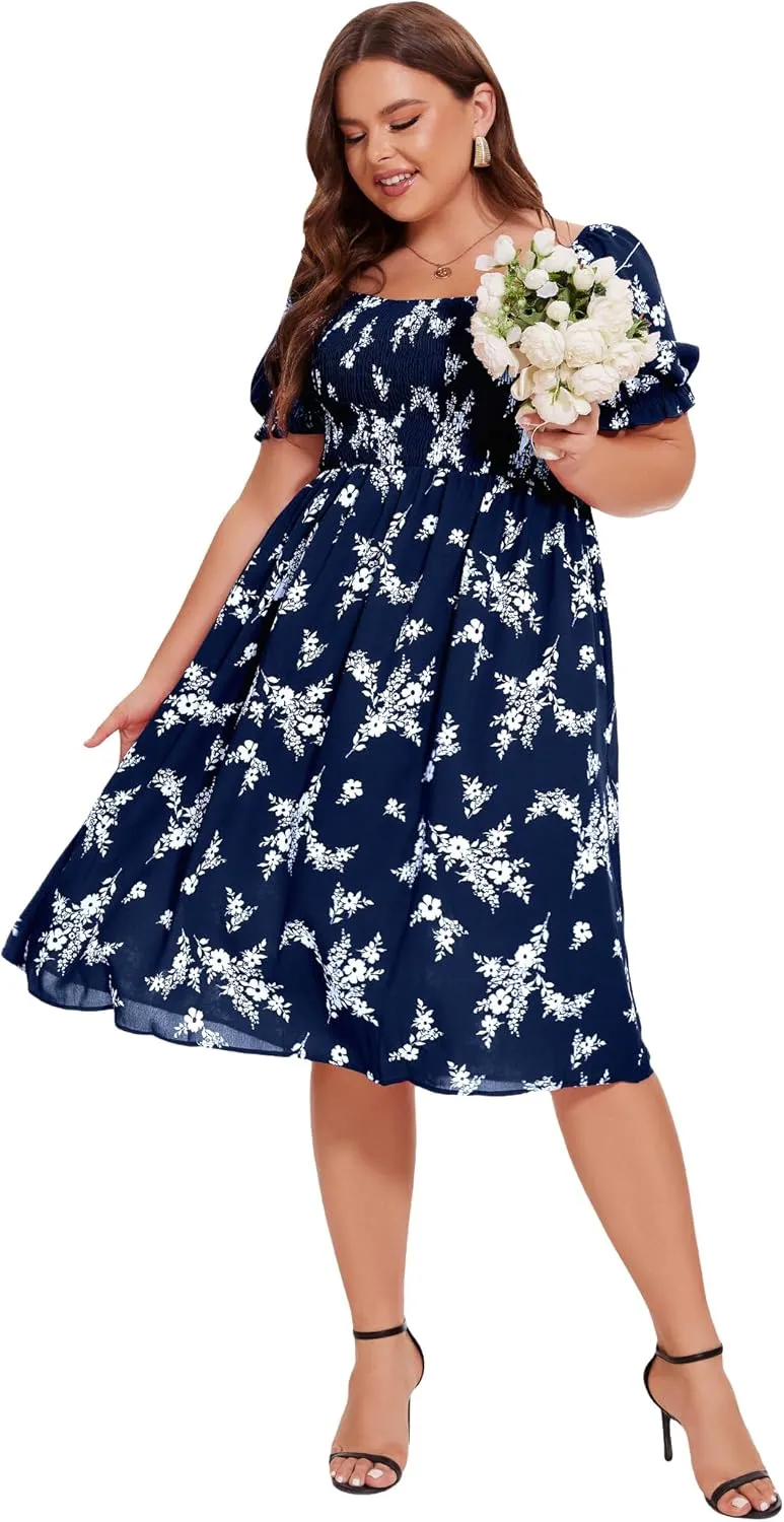 ANOTHER CHOICE Plus Size Dress for Women Puff Sleeve Boho Floral Square Neck Midi Dresses with Pockets