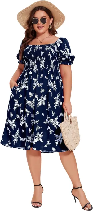ANOTHER CHOICE Plus Size Dress for Women Puff Sleeve Boho Floral Square Neck Midi Dresses with Pockets