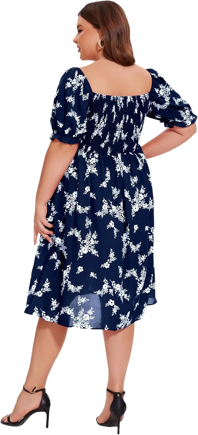 ANOTHER CHOICE Plus Size Dress for Women Puff Sleeve Boho Floral Square Neck Midi Dresses with Pockets