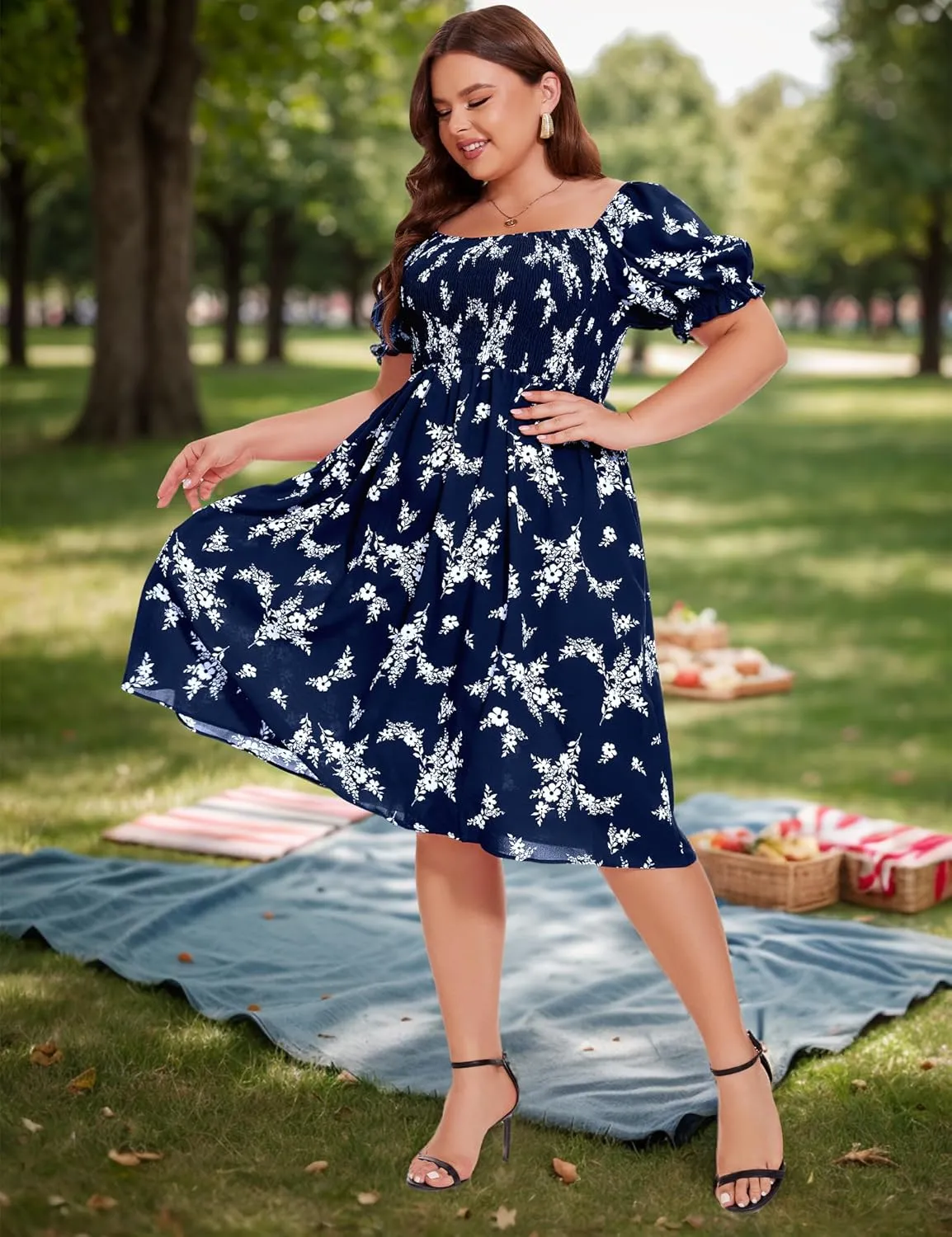 ANOTHER CHOICE Plus Size Dress for Women Puff Sleeve Boho Floral Square Neck Midi Dresses with Pockets