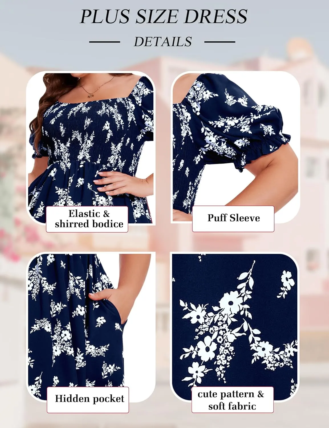 ANOTHER CHOICE Plus Size Dress for Women Puff Sleeve Boho Floral Square Neck Midi Dresses with Pockets