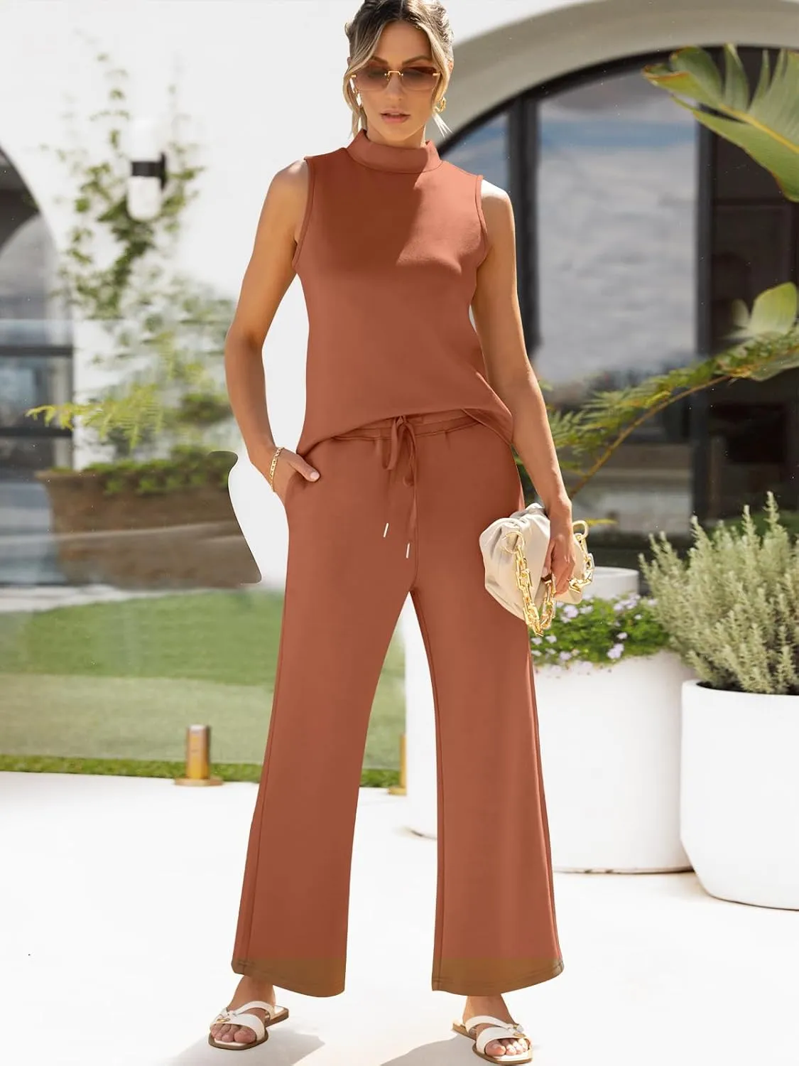 ANRABESS Women 2 Piece Outfits Summer Lounge Sets Mock Neck Top Wide Leg Pants Casual Fashion Tracksuit 2025 Travel Clothes