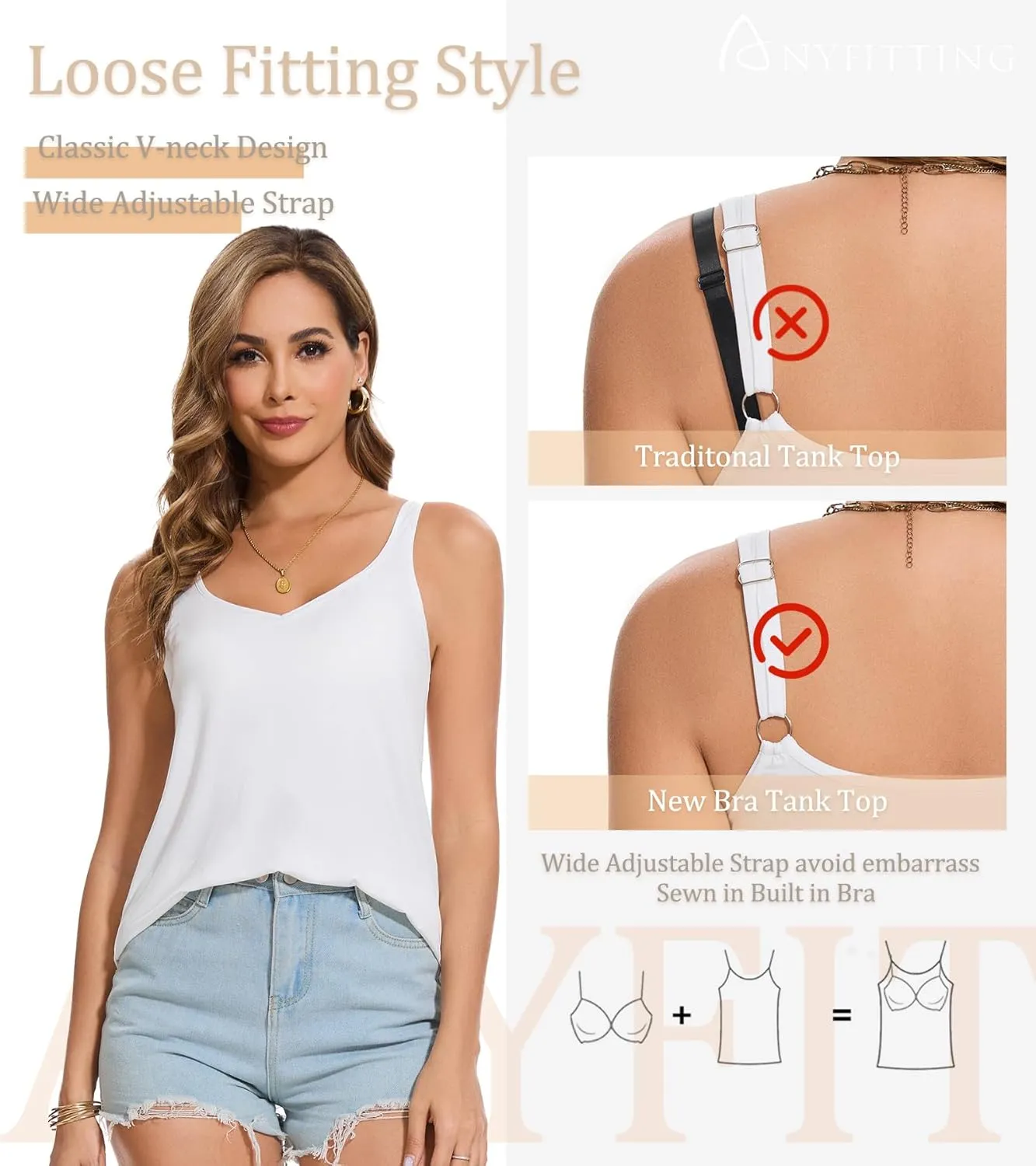 ANYFITTING V Neck Tank Top with Built in Bras Wide Strap Loose Fitting Flowy Summer Sleeveless Shirt