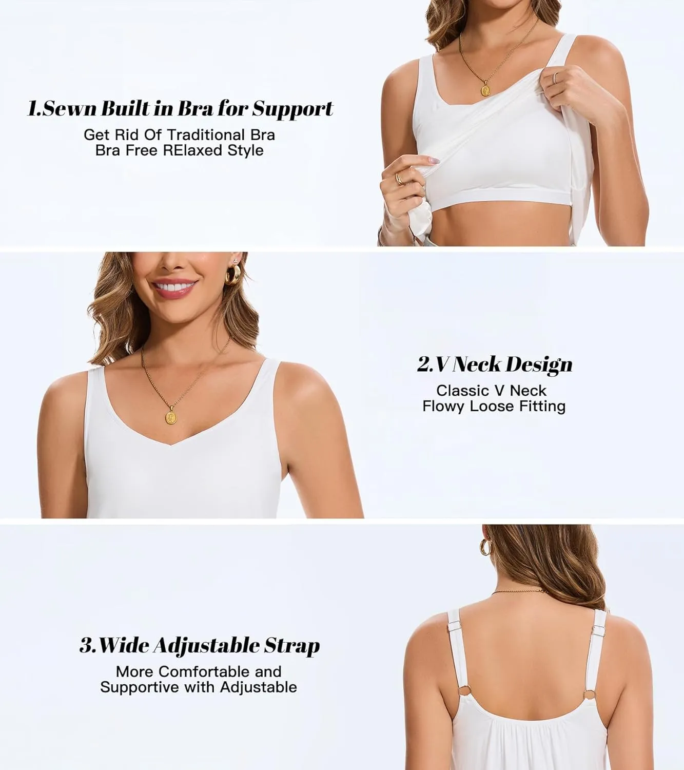 ANYFITTING V Neck Tank Top with Built in Bras Wide Strap Loose Fitting Flowy Summer Sleeveless Shirt