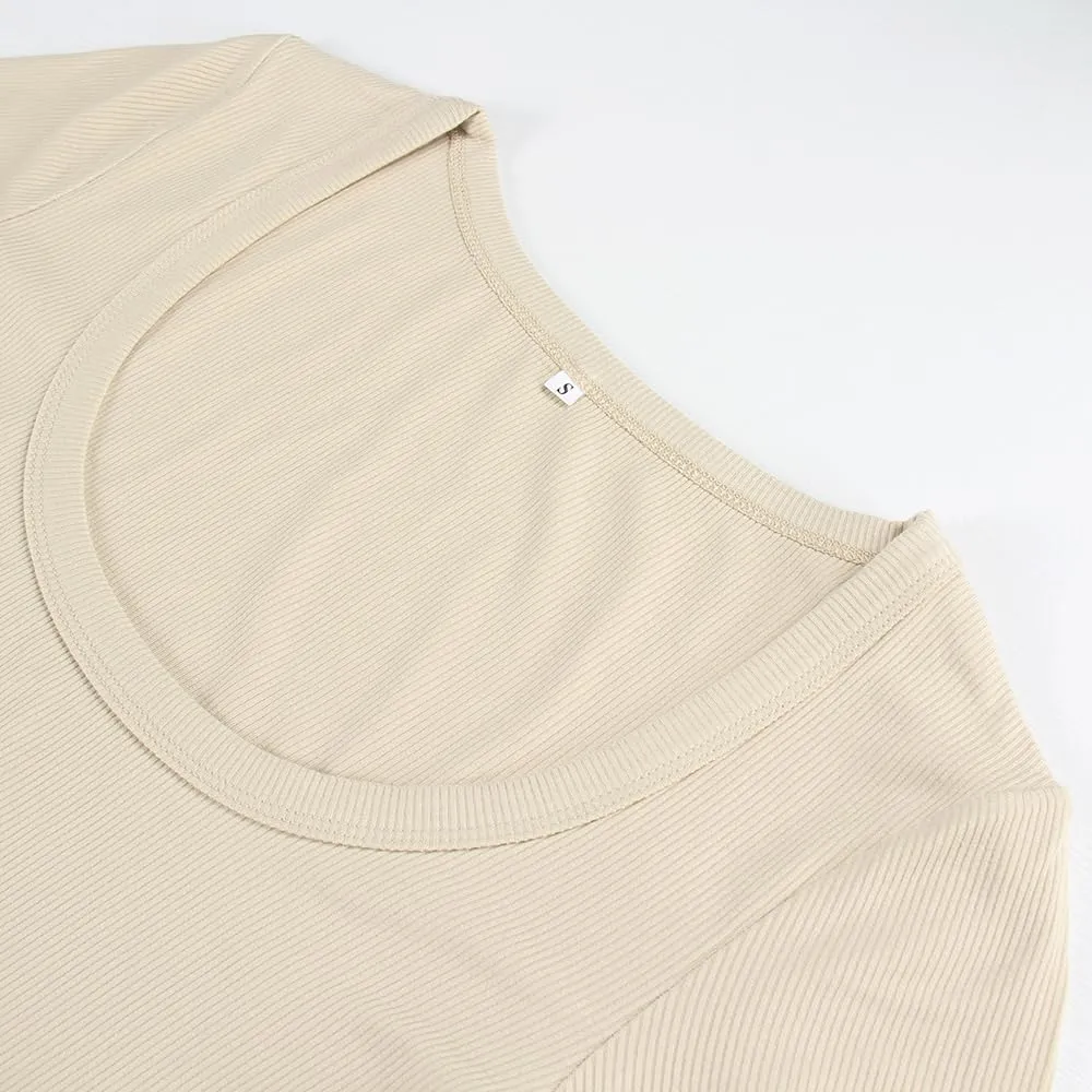 Artfish Women's Square Neck Long Sleeve Ribbed Slim Fitted Casual Basic Crop Top