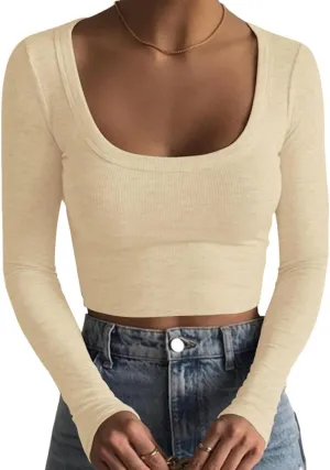 Artfish Women's Square Neck Long Sleeve Ribbed Slim Fitted Casual Basic Crop Top