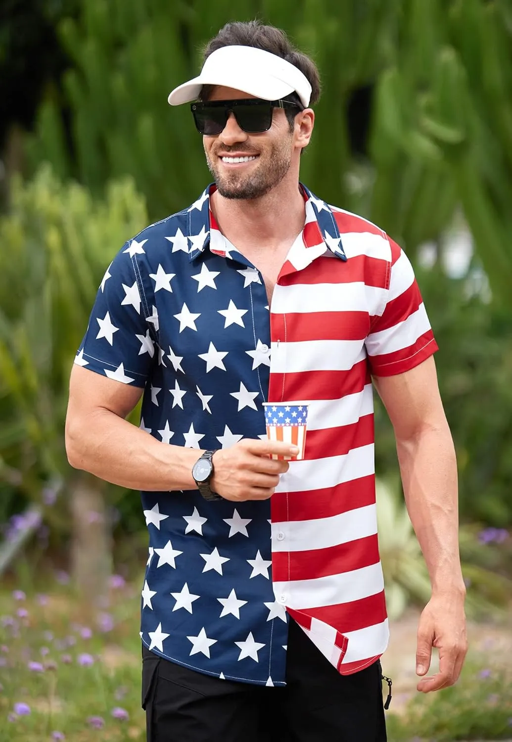 Arvilhill Men American Flag Button Shirt 4th of July Short Sleeve Shirts (S-3XL)