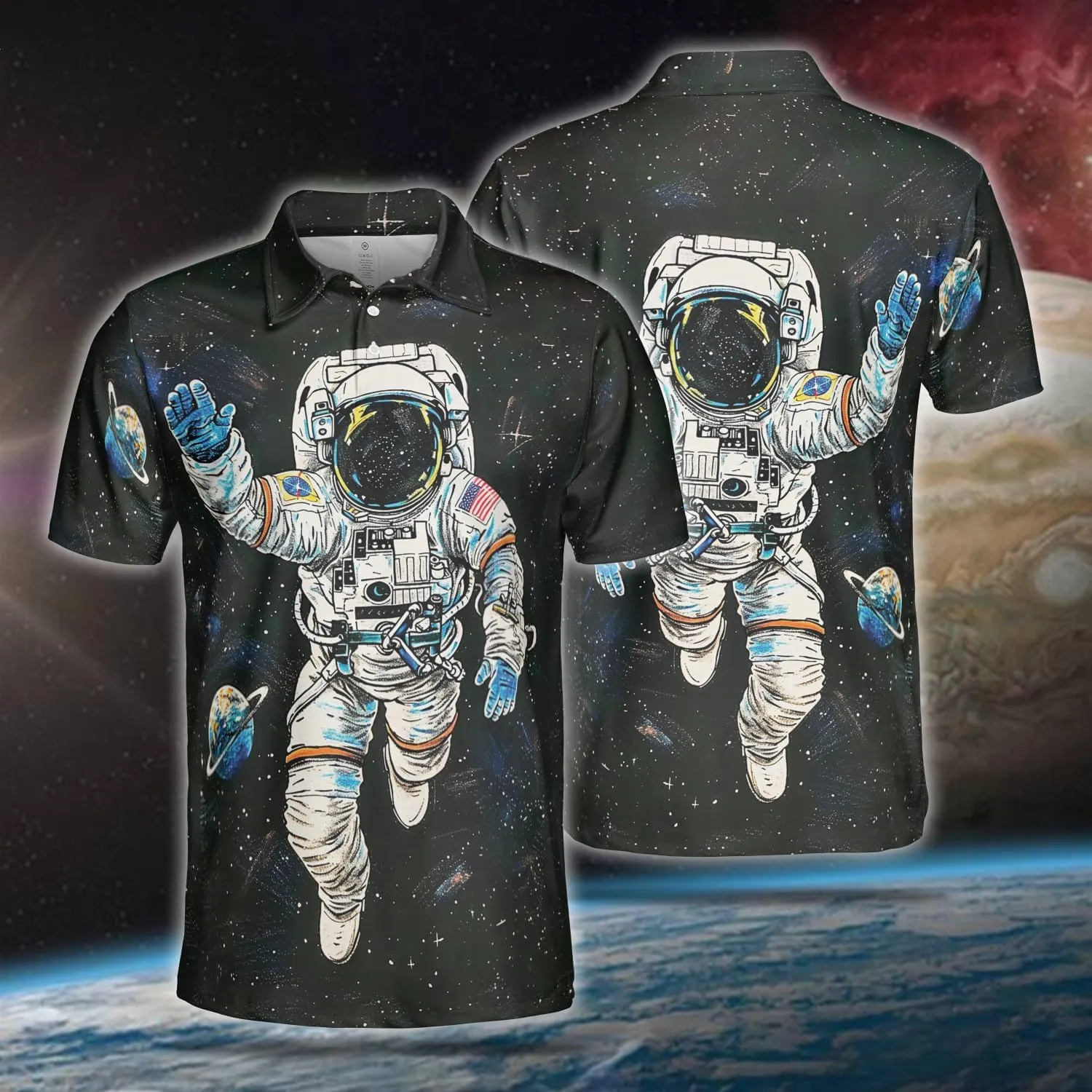 Astronaut Polo Shirts for Men - Space Lovers Men's Regular Fit Quick Dry Golf Polo Shirt Series 08