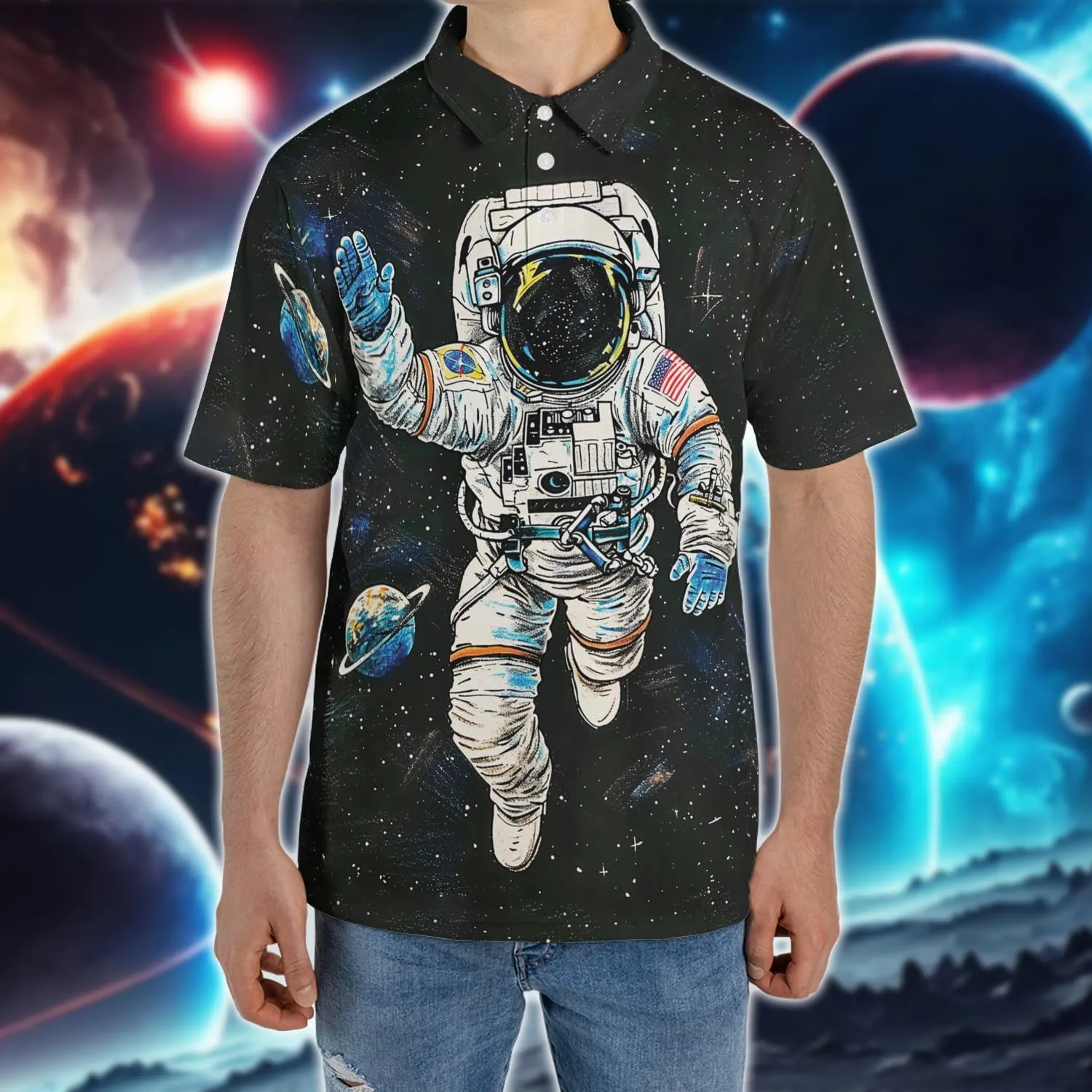Astronaut Polo Shirts for Men - Space Lovers Men's Regular Fit Quick Dry Golf Polo Shirt Series 08