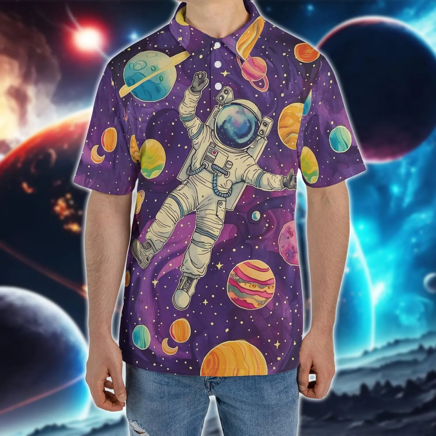 Astronaut Polo Shirts for Men - Space Lovers Men's Regular Fit Quick Dry Golf Polo Shirt Series 08
