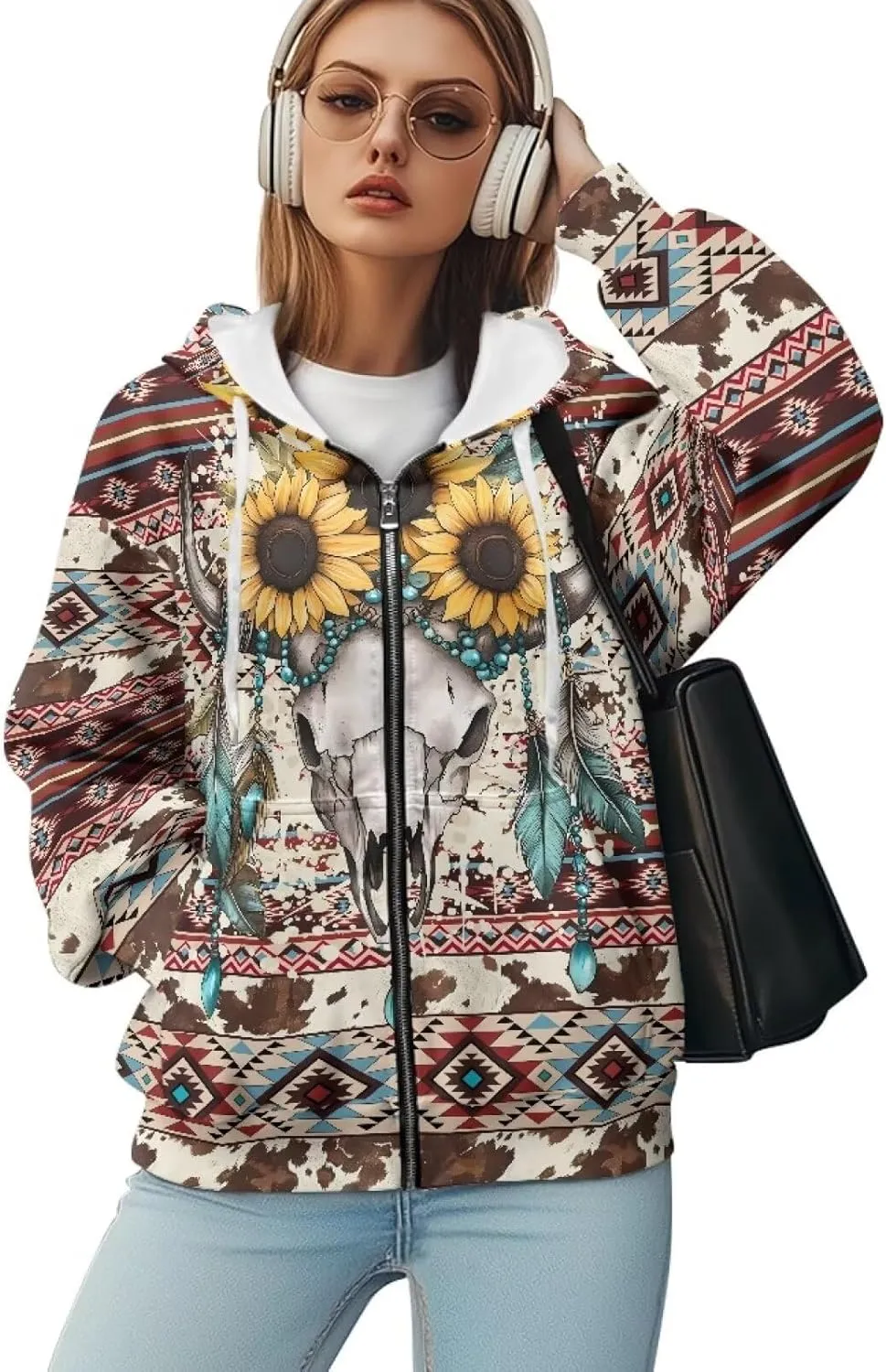 Aztec Zip up Hoodies for Women Western Geometric Print Western Ethnic Style Sweatshirts with Pocket Casual Jacket