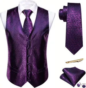 Barry.Wang Mens Paisley V-neck Suit Vest Formal/Leisure Silk Jacquard Waistcoat Tie Set 5PCS