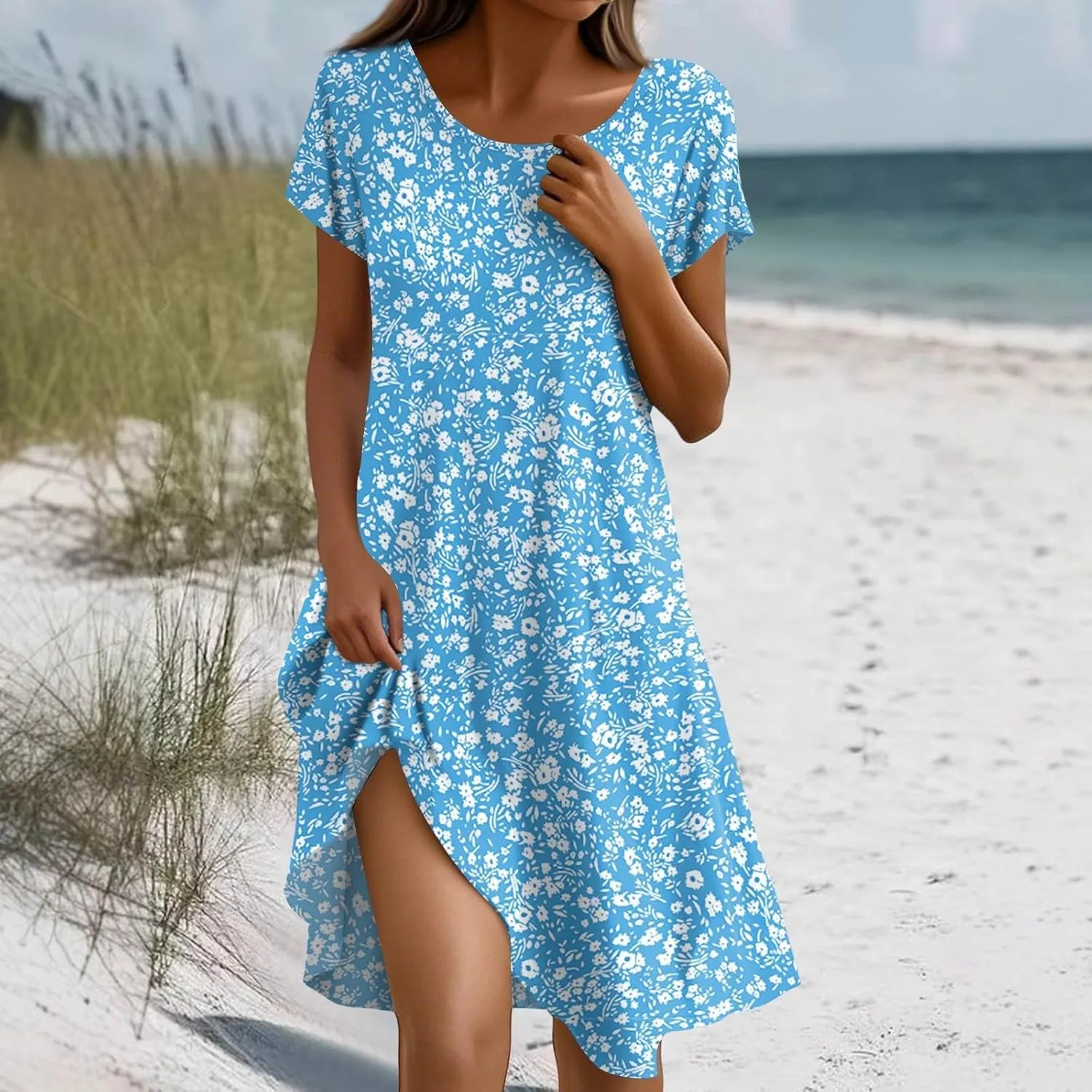 BAXLIMEK Beach Dresses for Women,2025 Summer Trendy Floral Print Boho Vacation Dress,Casual Short Sleeve Flowy Midi Dress