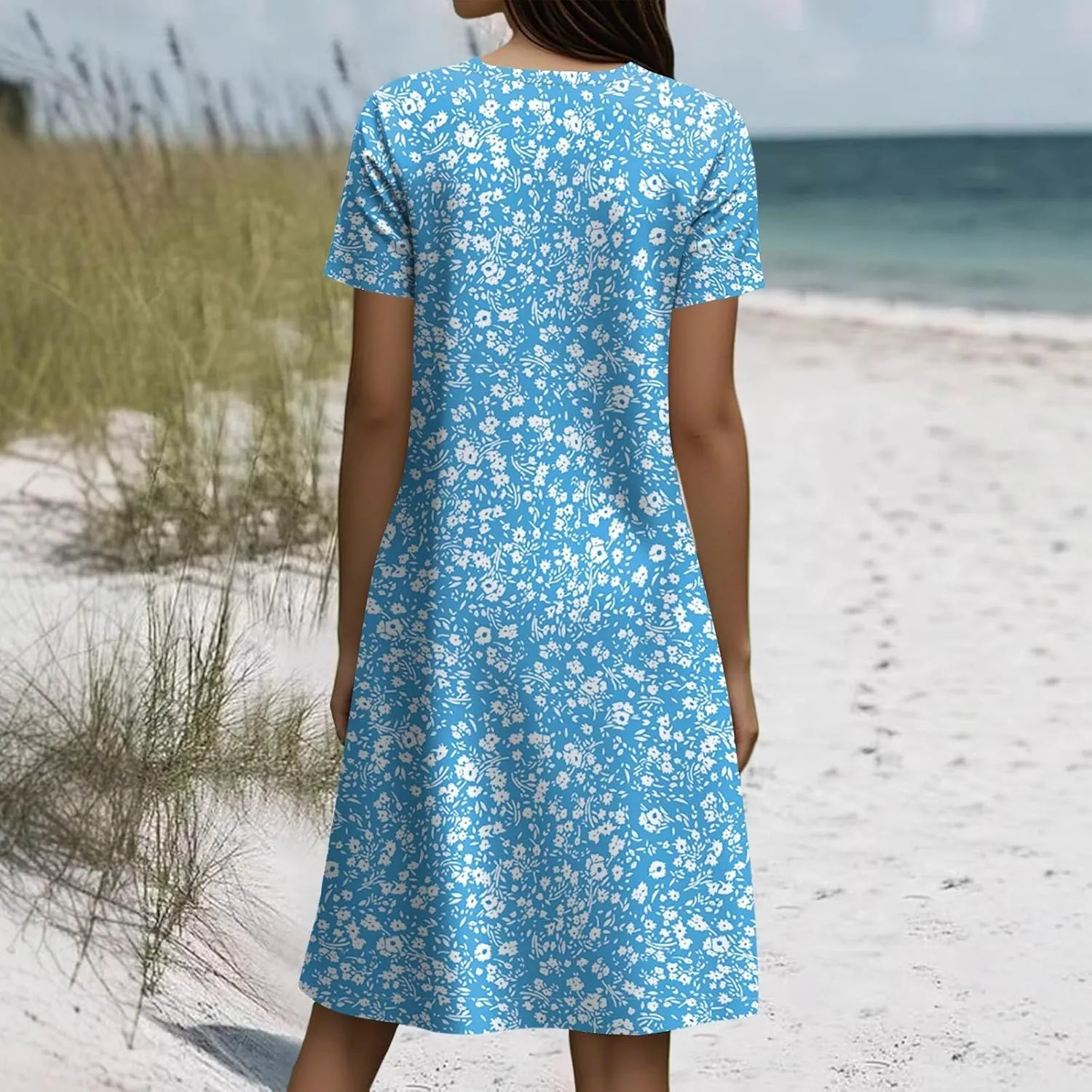 BAXLIMEK Beach Dresses for Women,2025 Summer Trendy Floral Print Boho Vacation Dress,Casual Short Sleeve Flowy Midi Dress