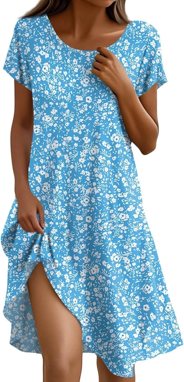 BAXLIMEK Beach Dresses for Women,2025 Summer Trendy Floral Print Boho Vacation Dress,Casual Short Sleeve Flowy Midi Dress