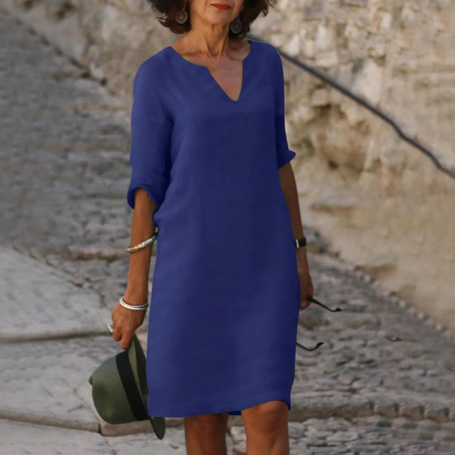 BAXLIMEK Cotton Linen Dresses for Women,2025 Spring Summer Casual V Neck 3/4 Sleeve Midi Dress,Elegant Plain Beach Dress