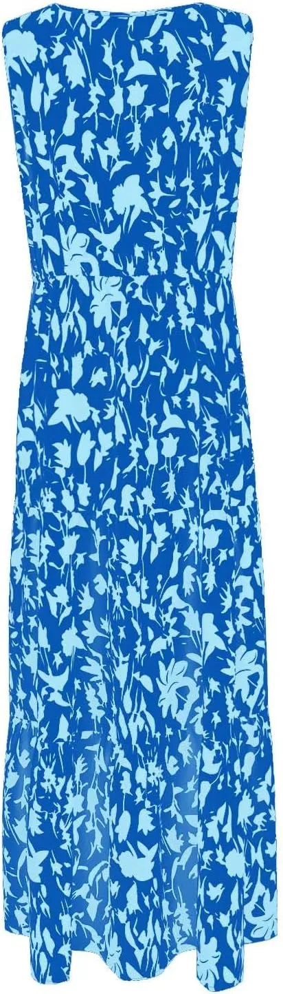 BAXLIMEK Maxi Dresses for Women,2025 Spring Summer Trendy Floral Print V Neck Sleeveless Boho Dress,Flowy Ruched Sundress